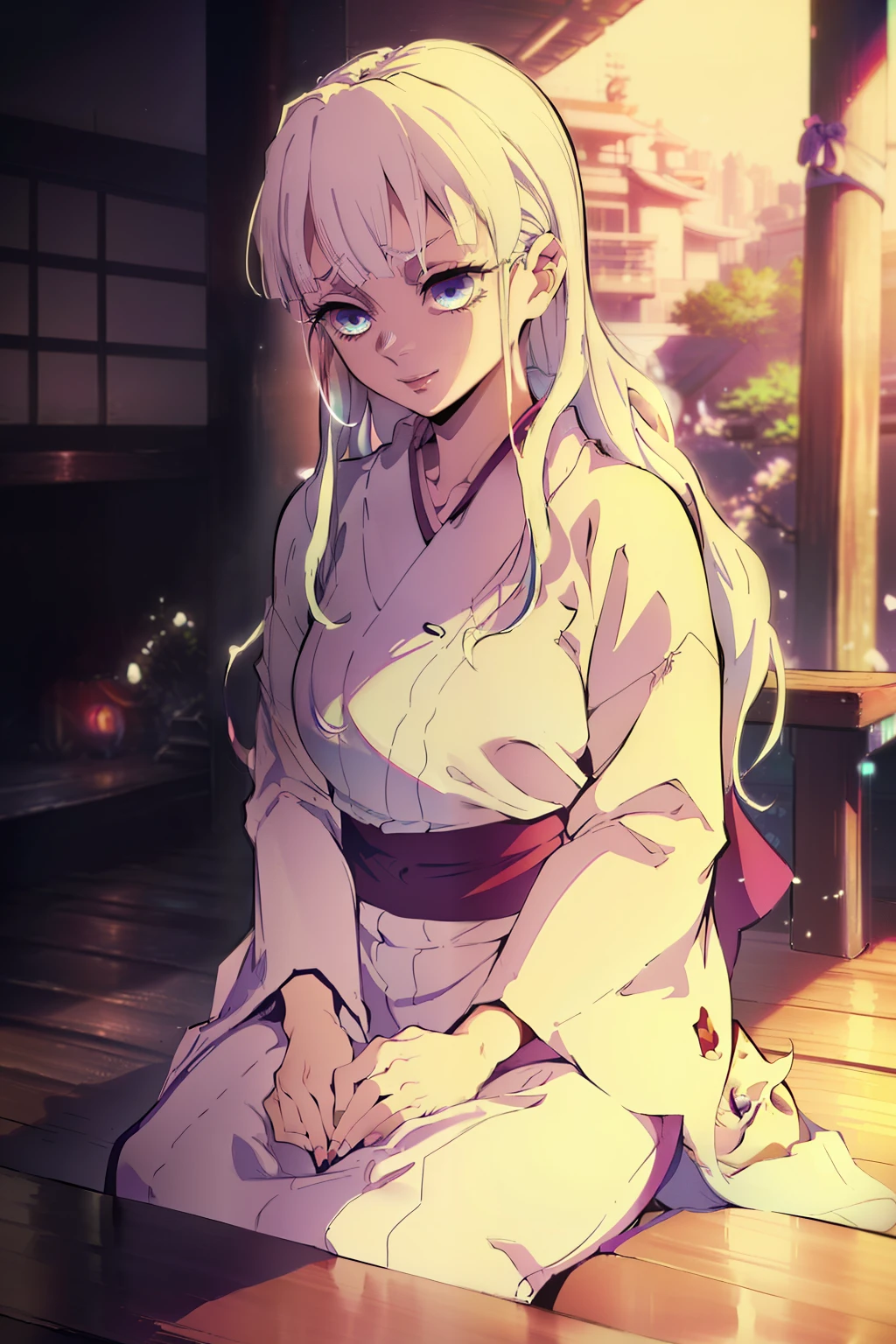 (high-quality, breathtaking),(expressive eyes, perfect face) (((yukata, sexy lips)), 1girl, female, solo, young adult, white hair, jade coloured eyes, stylised hair, gentle smile, long length hair, loose hair, side bangs, tied up, japanese clothing, elegant, soft make up, hair pin accessory in hair, demon slayer art style