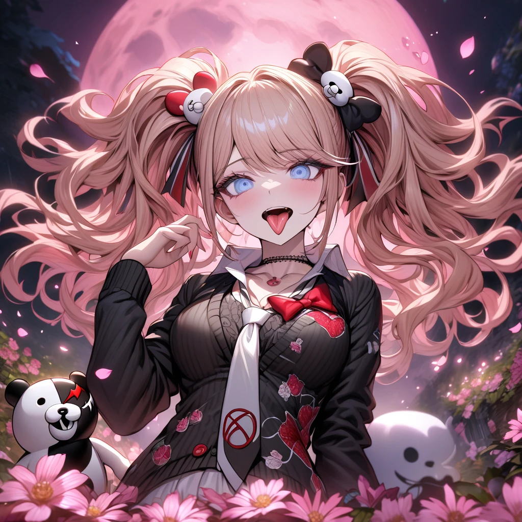 Ultra detailed, highres, absurdres, HDR, master piece, Enoshima Junko, strawberry-blonde hair tied in two twin pigtails, expressive light blue eyes, Danganronpa, black cardigan, white long necktie, holding a plushie of Monokuma, pink flowers, petals, fireflies, pink moon, woman, solo, extremely beautiful, very detailed face and eyes, best quality, fantasy, magical, sticking out her tongue