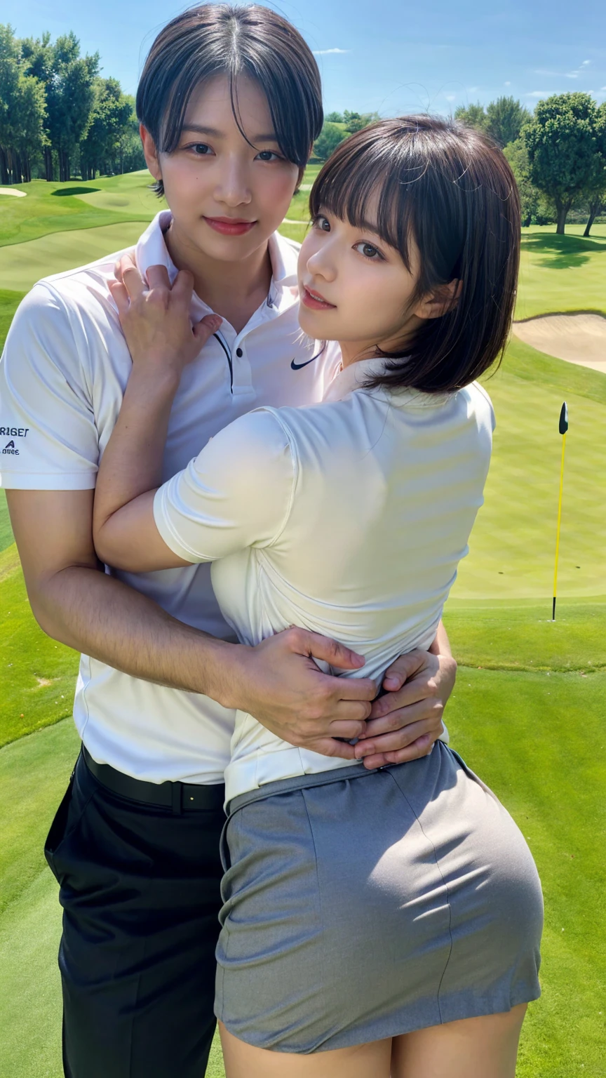 1 young office lady being hugged from back by 1 man:1.2,close to each other:1.1), (man's hand touching her breast:1.1),very cute face,bob cut,white skin-tight golf uniform,embarrassed,golf course,perfect anatomy, masterpiece, best quality,8k,perfect face,from front,upper body