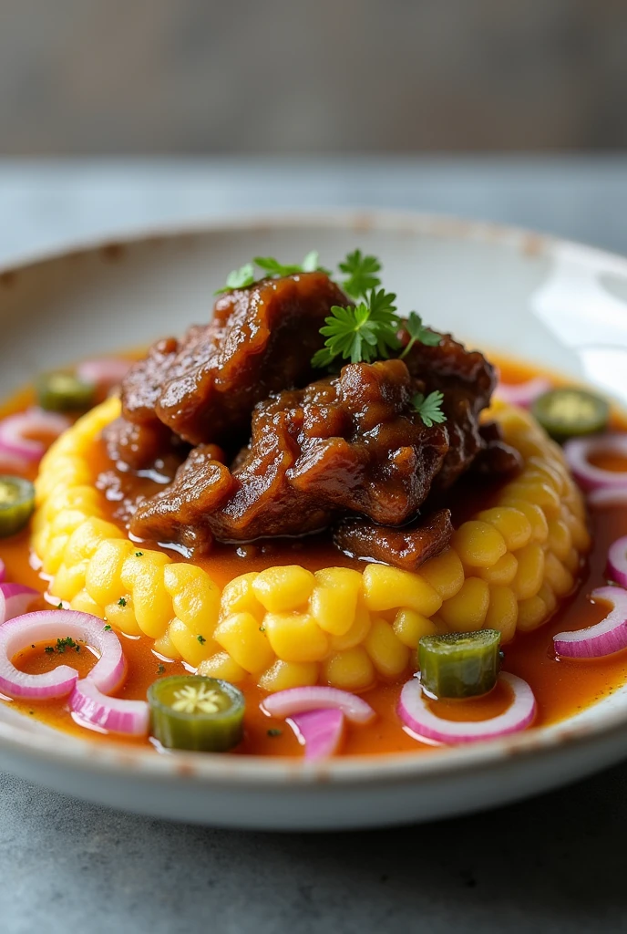 Presentations of a dish of canjiquinha with oxtail, with pickled red onion and okra