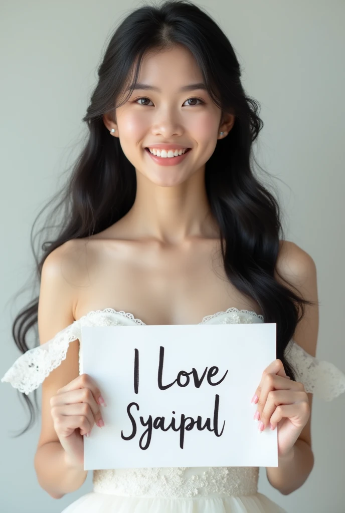 Beautiful girl with black long hair, wedding dress, white skin, smile,holding a white board with text "I Love Syaipul" and showing it to the viewer