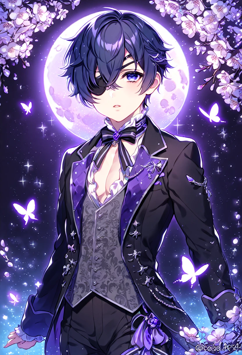 absurdres, highres, ultra detailed, HDR, master piece, best quality, Ciel Phantomhive, dark blue hair, expressive blue eyes, black eye patch over the left eye, Kuroshitsuji, solo, sexy man, handsome, sensual, manly man, black clothes, fantasy, magical, shining, purple flowers, blossoms, water, purple petals, purple butterflies, sparkling, purple moon, starry sky