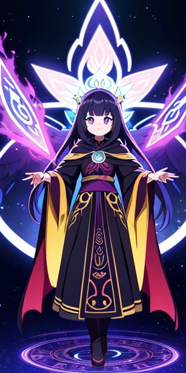 Full body, beautiful eyes , 1 girl , full body , cute girl , anime style , cute eyes , (standing up) , (Occult Guardians wear attire that reflects their connection to the dark and mystical. Their clothing is typically dark, featuring flowing robes or cloaks adorned with symbols and patterns inspired by the Eclipsal Realm. They often carry staffs or talismans imbued with otherworldly energy, enhancing their connection to the realm and their Pokémon.)
