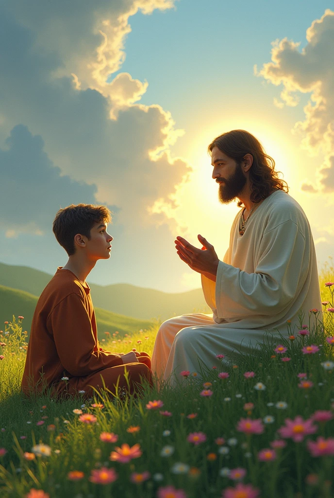 A young man sitting next to Jesus Christ in a field of green grass, the perfect sky with flowers around .