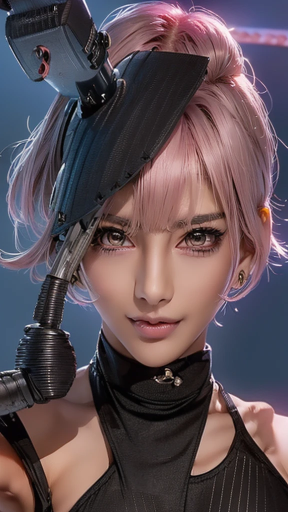 (Highest quality), Realistic, (live-action),(Short Hair,Sharp bangs)Showing off your crotch,Highest quality,Highest quality,8k images,Pink Hair,High heels,Small face,((Big Breasts))Leg spread、1 gun,(((Point the tip of your gun towards the camera:1.8))),Highest quality32K