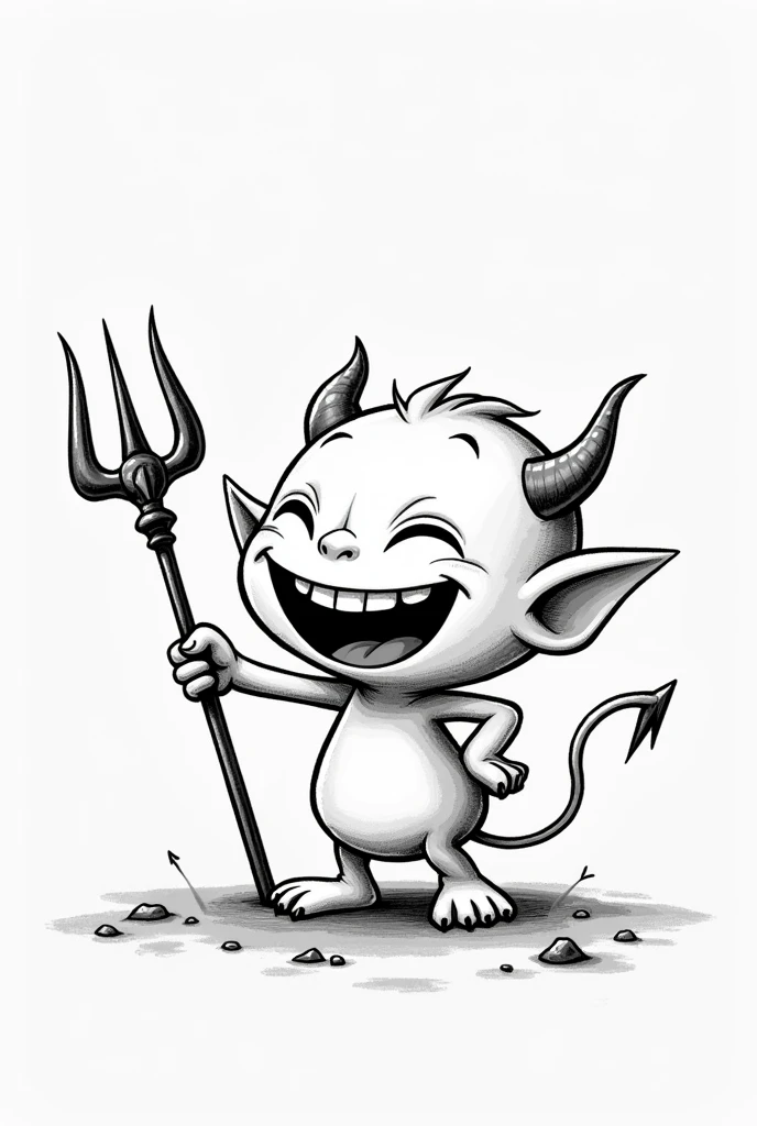 a little devil baby who is laughing at a prank and is holding his pitchfork , in black and white without any letters or phrases , and the little devil has a half forehead and when he laughs he has his eyes closed as if looking up, It's for my personal logo for my high school promotion but the animation is like something from the 2000s. , Let it be just like a well-drawn drawing