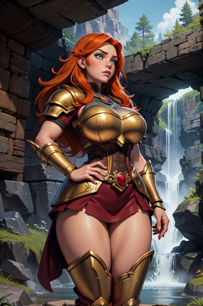 Close up of Dwarven woman, orange hair, maroon armor with gold trim, heavy armor, chubby cheeks, green eyes, freckles on cheeks, freckles on top of breasts,  underground, large cavern, carved stone walls, underground waterfall, underground, interior. Show her walking with her hands on her hips. super high quality, super high detail, masterpiece, 4k, 8k, HDR, masters of the universe, vibrant colors, dark shadows, dim lighting
