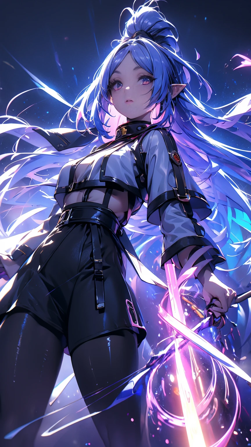 1 person, 20-year-old girl, One person, (Silver Hair), Long pointed ears、Elf、(Gradient sky blue hair tip:1.6), hair, Ridiculously long hair, Single Side Lock, Wavy Hair, Shine髪, Floating Hair, (Fantastic deep purple eyes), Delicate eyes, Aqua Eye, Very fine eye, Long upper eyelashes, ((Glowing Eyes)), compensate, Focus on the face, Highly detailed facial, Pretty face, Perfect breasts, Hot body, (Delicate skin texture:1.2), break, White extra long skirt, Fashion Clothing, necklace, Technical clothing masterpiece, on the road, Gazing at the starry sky, meteor, cyber punk, Detailed Background, The perfect layered cut, clean focus, (magazine:1.3), (Cover Style:1.3), Octane Rendering, Tyndall effect, Real, Dark studio, Side light, 2-color illumination, realism, Chiaroscuro, (Shine光), Shine, Ray Tracing, Cinema Lighting, Futurism, Motion Blur, Atmospheric perspective, Depth of written boundary, Bokeh, Highest quality, 超High resolution, Super Detail, masterpiece, High resolution, Accurate, retina, Anatomically correct