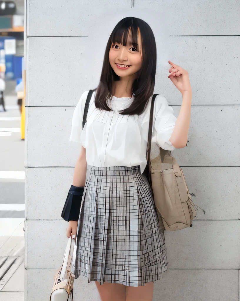 Highest quality,Super detailed,A high school girl looking at the ticket gate at Shibuya Station,Turning to the side and looking at me,Wearing a white short-sleeved blouse,Checkered pleated skirt,Carrying a cute black backpack,The background is blurred,Well-balanced proportions,Model-like pose