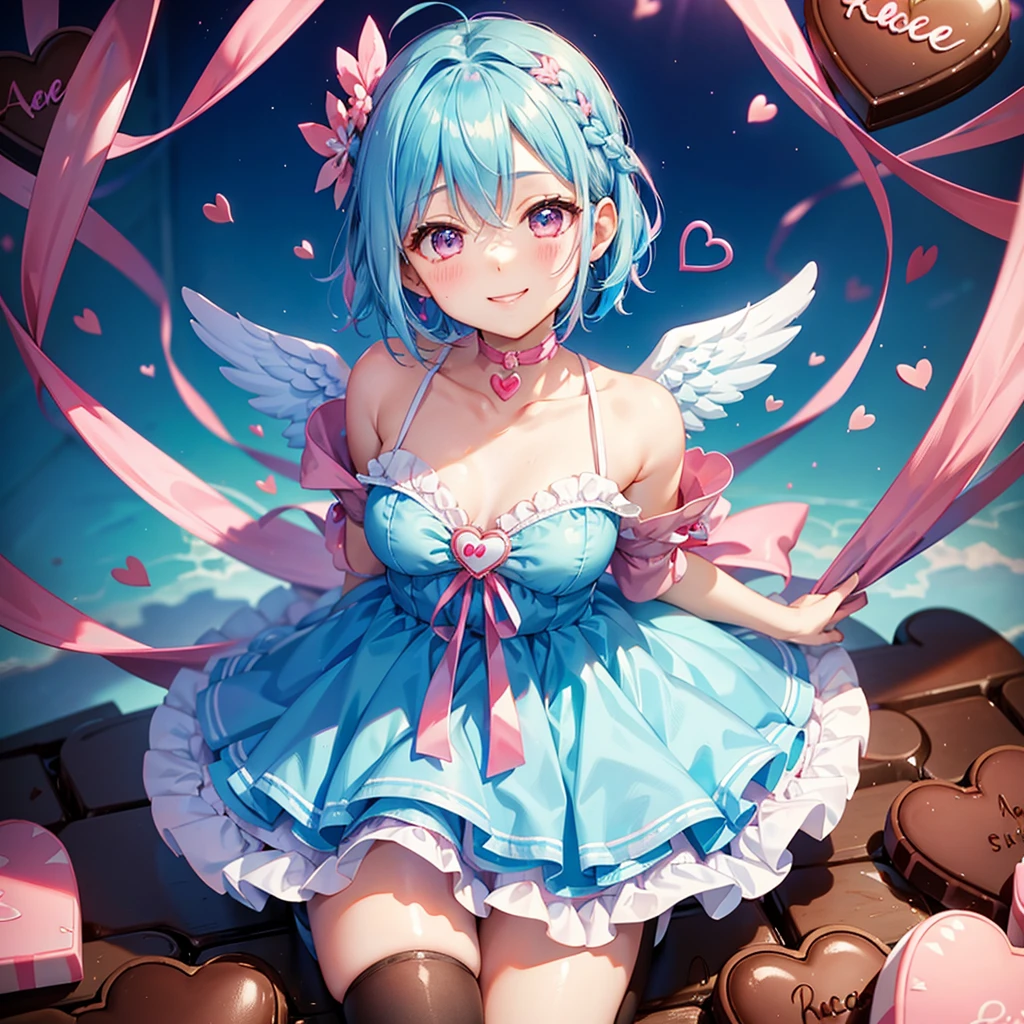 Sky Blue Hair、Braided Short Hair、pinkの目、Fair skin、whole body、One person、Cute smile、Lots of hearts in the background、pink、(Heart-shaped chocolate)、(Chocolate Angel)、valentine&#39;s day、masterpiece、Highest quality、Very detailed、Best Shadow、Detailed Background、Beautifully detailed face、High contrast、Best lighting、Very delicate and beautiful、Cinematic light、Hyper Detail、8k、Dramatic Light、Exquisite detail、