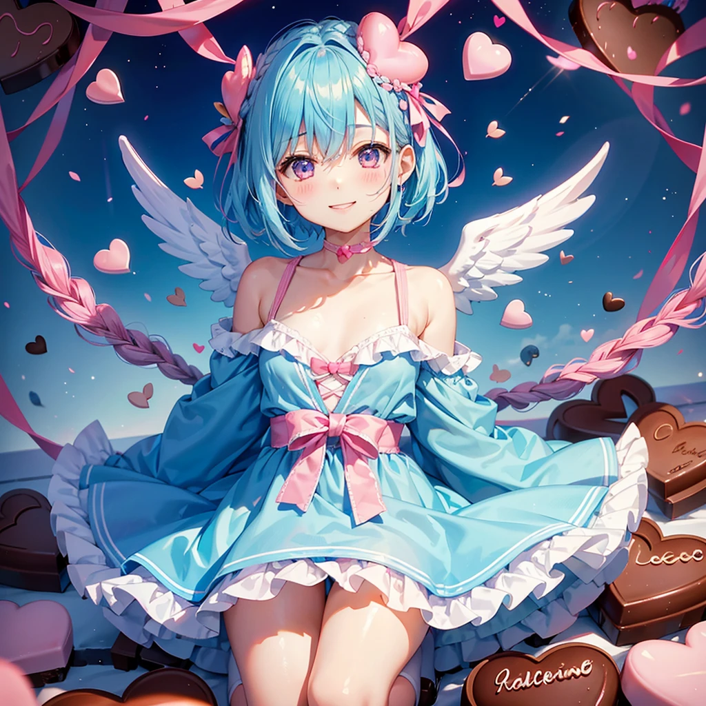 Sky Blue Hair、Braided Short Hair、pinkの目、Fair skin、whole body、One person、Cute smile、Lots of hearts in the background、pink、(Heart-shaped chocolate)、(Chocolate Angel)、valentine&#39;s day、masterpiece、Highest quality、Very detailed、Best Shadow、Detailed Background、Beautifully detailed face、High contrast、Best lighting、Very delicate and beautiful、Cinematic light、Hyper Detail、8k、Dramatic Light、Exquisite detail、