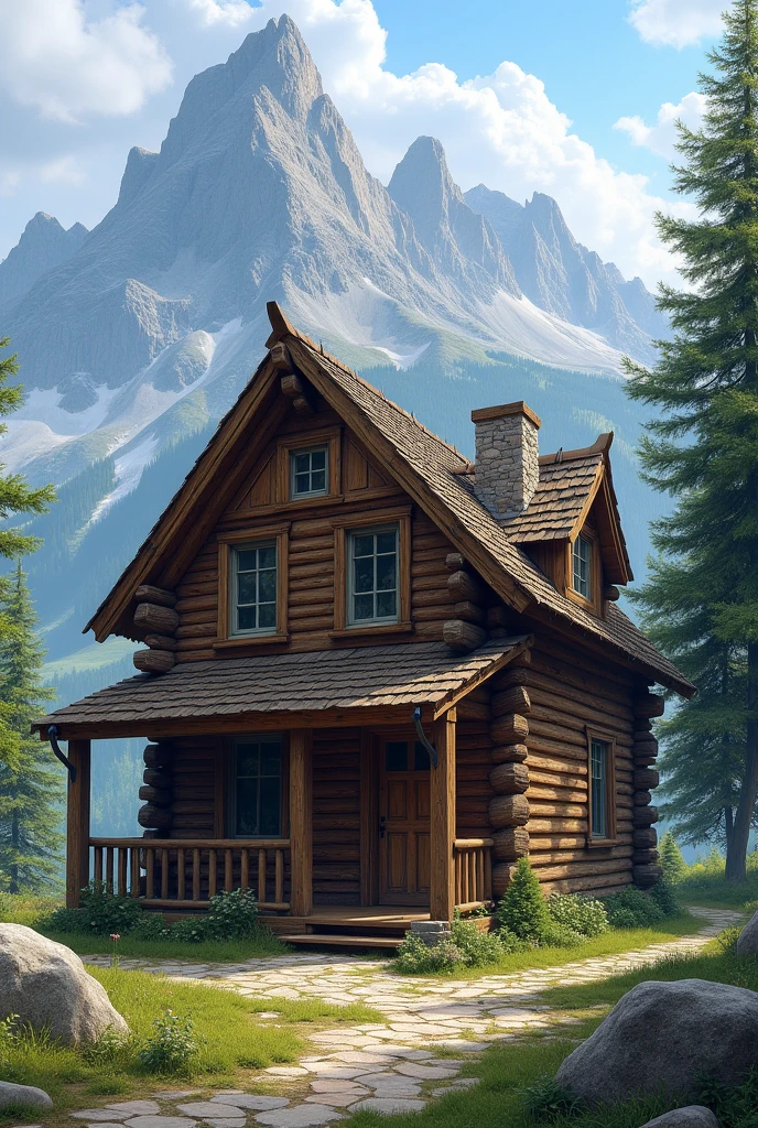a two-story wooden cabin house at the foot of the mountains in the mountains