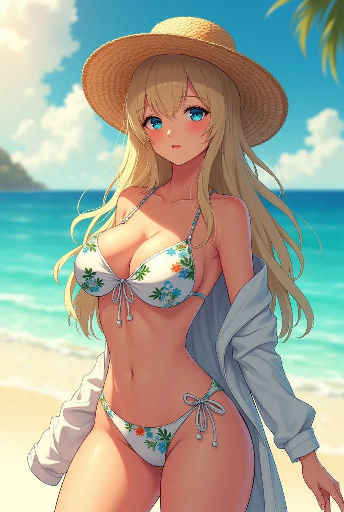 best quality, detailed, 4k, raw photo, masterpiece, detailed face,, beach, sun, seashore, (photoanemism:1.2), beautiful anime girl, blonde hair, long hair, blue beautiful eyes, Big breast, Straw hat , fashionable white flowery swimsuit with unique design, jacket tied around the waist , Long angle that focuses on the girl, special effects, fashionable pose, looking at viewer, realistic shadow design, take reference: https://www.cdjapan.co.jp/product/NEOGDS-4072 