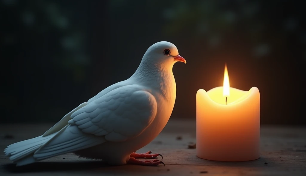 A close-up of a lit candle and a white dove, symbolizing peace and hope. The background is a dark environment that highlights the candle light, creating an atmosphere of calm and reflection.