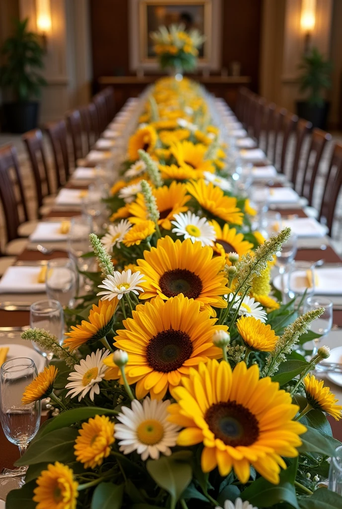 An elongated flower arrangement for a table for an event with a sunflower, a yellow gerbera, and a white daisy. That's fine, the one you're showing me, but could you show it to me from the front?