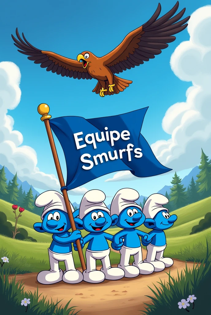 Equip the Smurfs with a blue flag written "Smurfs Team" in Portuguese and a royal hawk 