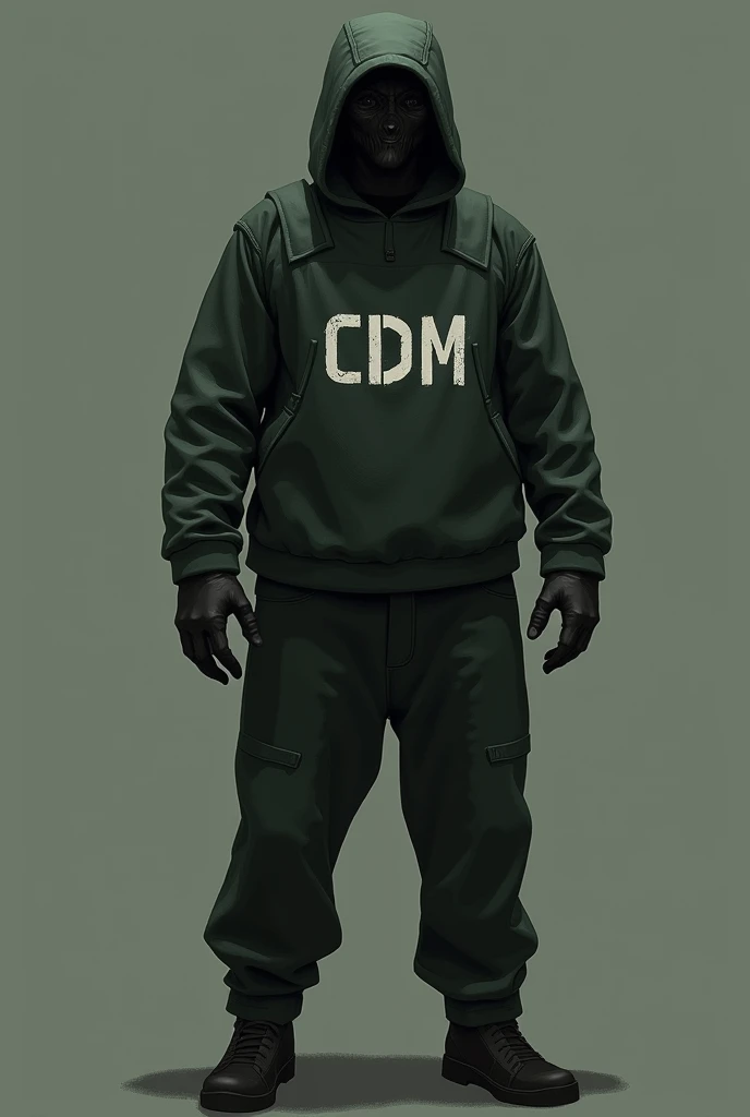 uniform of a CDM faction in a post-apocalyptic world with a vest on the side that says CDM in white, the outfit is understated with a disguised dark green and black
