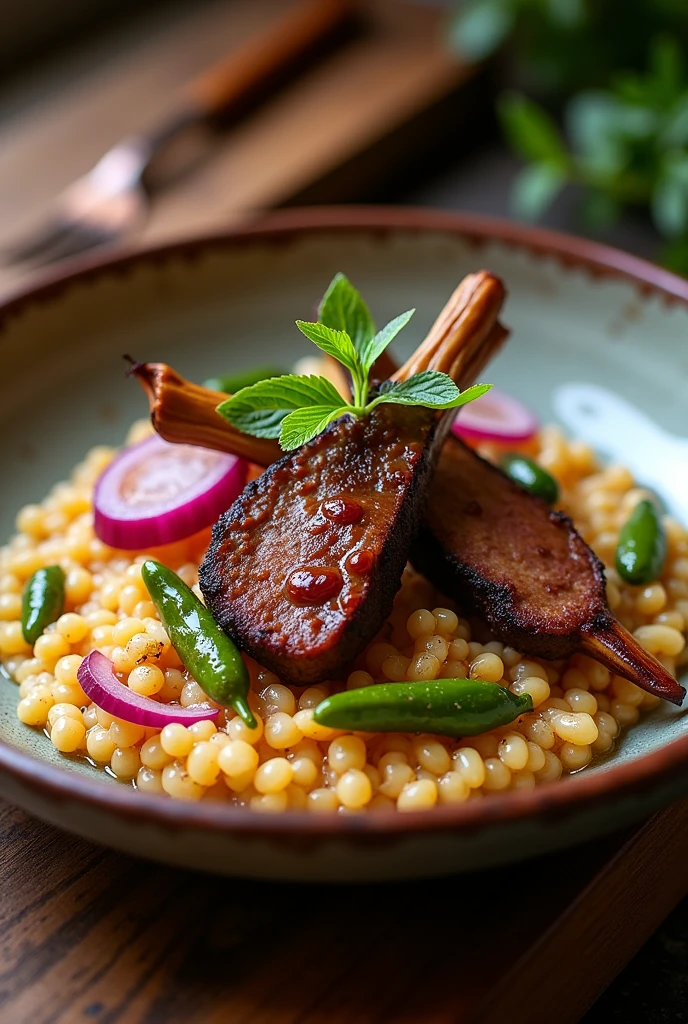 Presentations of a dish of canjiquinha with oxtail, with pickled red onion and okra