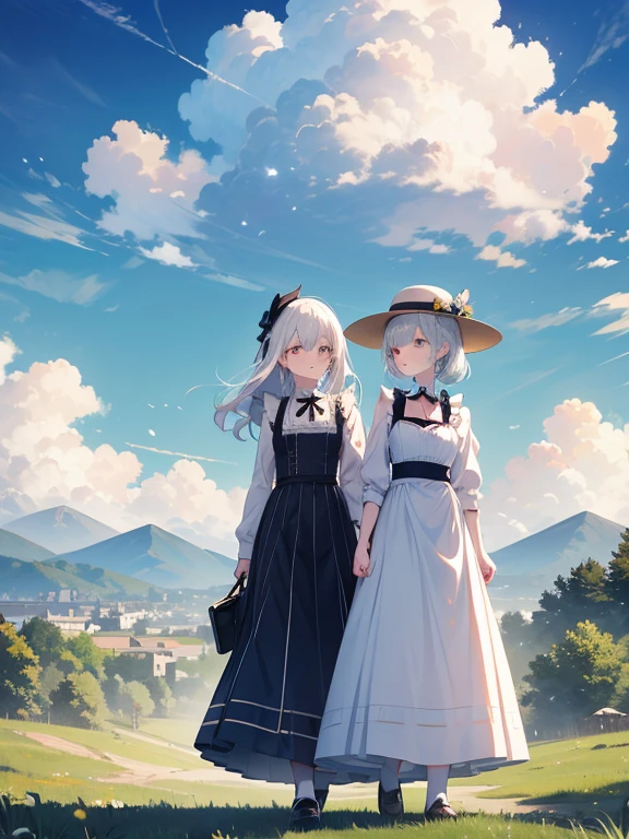 Pastel tones、High definition、Anime-like、Gentle Hills、High and blue sky、A shining white cumulonimbus cloud、(A wide-brimmed hat, silver hair, long skirt and cardigan)With the lady(Classical maid outfit)maid、Two women walking together
