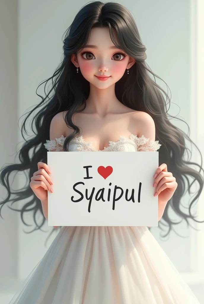 Beautiful girl with black long hair, wedding dress, white skin, smile,holding a white board with text "I Love Syaipul" and showing it to the viewer