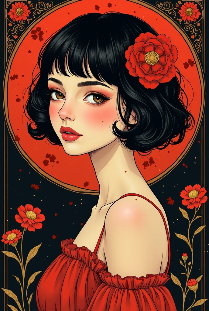 (masterpiece, best quality:1.2), 1 girl, alone,beautiful face，Red Reminimalist Art Nouveau，Illustration style，black and red，flowers