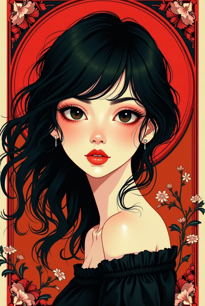 (masterpiece, best quality:1.2), 1 girl, alone,beautiful face，Red Reminimalist Art Nouveau，Illustration style，black and red，flowers