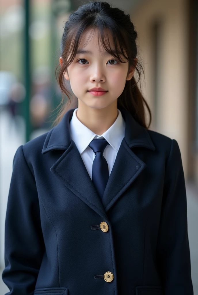 GENERATE A STUDENT GIRL OPEN WOOL JACKET DARK BLUE WITH BUTTONS DARK BLUE TIE AND WHITE SHIRT WITHOUT JACKET