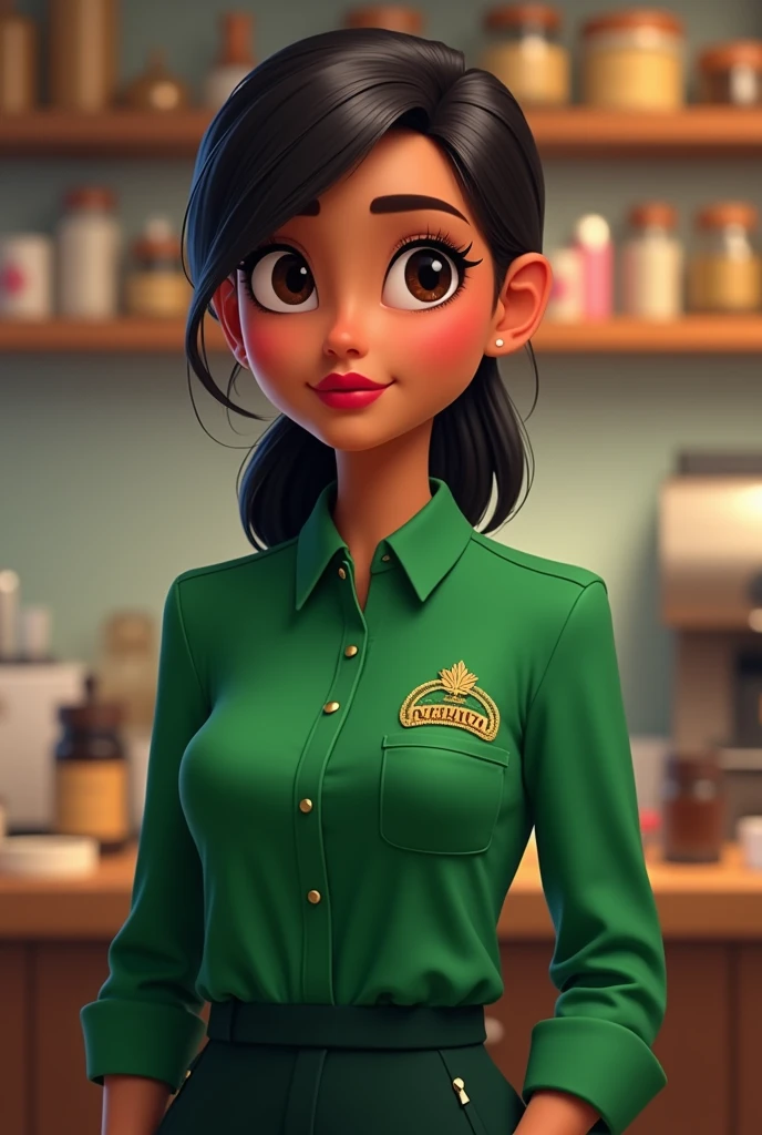 A full-body animated image of a 28-year-old woman with dark skin, black hair, black eyes, thick eyebrows, hair tied back, thick red lips, a merchandiser for an Ecuadorian Minerva coffee company, wearing a green long-sleeved shirt uniform, with gold Minerva embroidery on the pocket