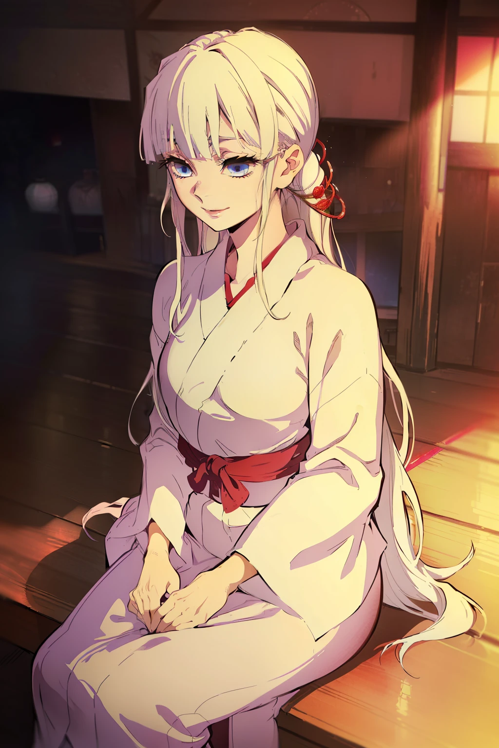 (high-quality, breathtaking),(expressive eyes, perfect face) (((yukata, sexy lips)), 1girl, female, solo, young adult, white hair, jade coloured eyes, stylised hair, gentle smile, long length hair, loose hair, side bangs, tied up, japanese clothing, elegant, soft make up, hair pin accessory in hair, demon slayer art style
