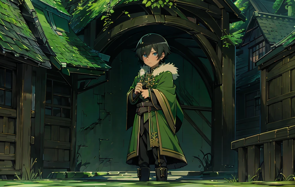 yuichiro hyakuya, (WithoutFear:1), 1 boy, black hair, green eyes, brown coat, gray armor, green shield, green cloak, dark brown gloves, town, white fur trim, tall, anime, standing, good quality, portrait, looking at viewer