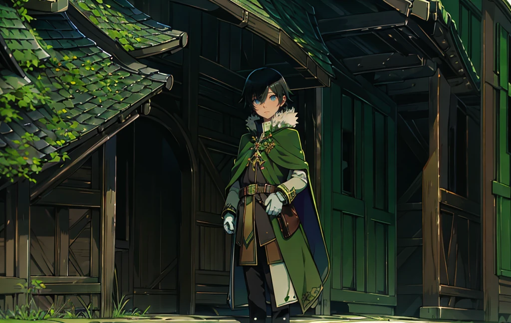 yuichiro hyakuya, (WithoutFear:1), 1 boy, black hair, green eyes, brown coat, gray armor, green shield, green cloak, dark brown gloves, town, white fur trim, tall, anime, standing, good quality, portrait, looking at viewer
