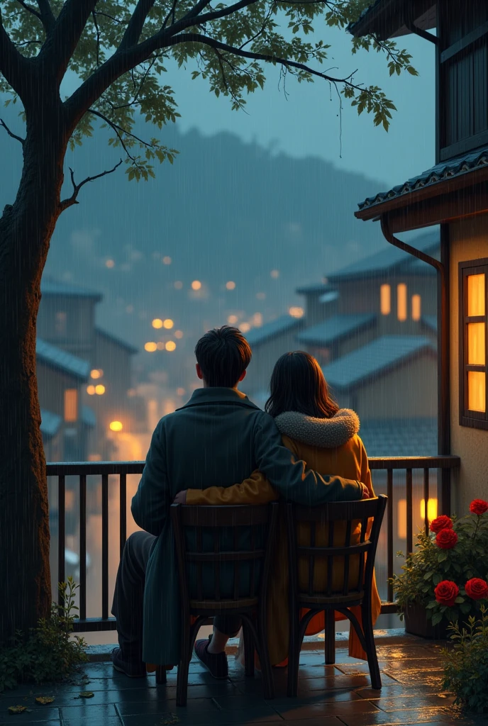 Couple in balcony, in rainy night, village on, sitting on one chair