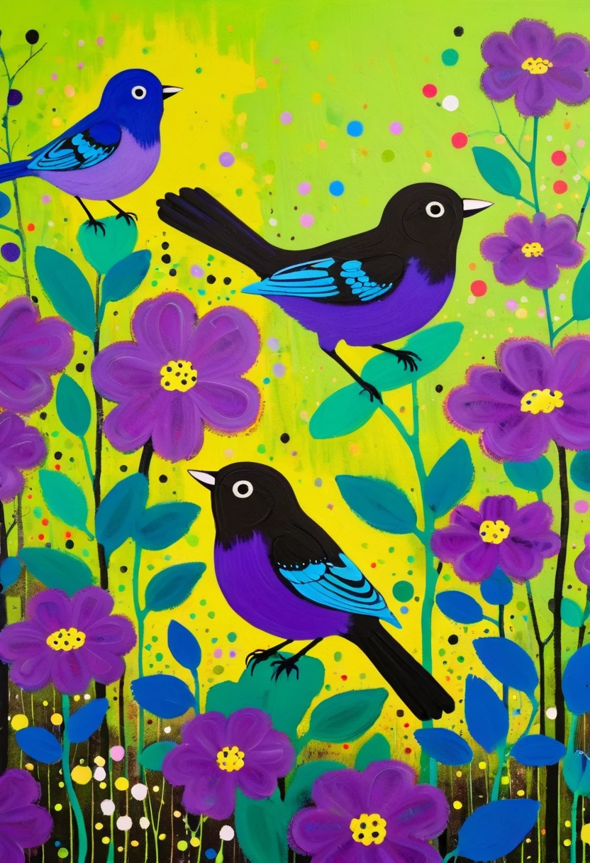A painting,Inspired by Yayoi Kusama:(((Colorful black,Chalk painting,Oil stick painting,Volume,Thick coating,Uneven texture,Plaster texture,Graffiti,Dot)))。Colorful black,((Lime and Violet,Fluffy birds)), Bright colors, Purple和, cute的, Bright colors,cute, Lavender Color and Color Schemes, 和Purple的配色方案, Beautiful Art, Purple, Whimsical Art, 和Purple色调, Close together,, spring, Inspired by Tomokazu Matsuyama, Delightful