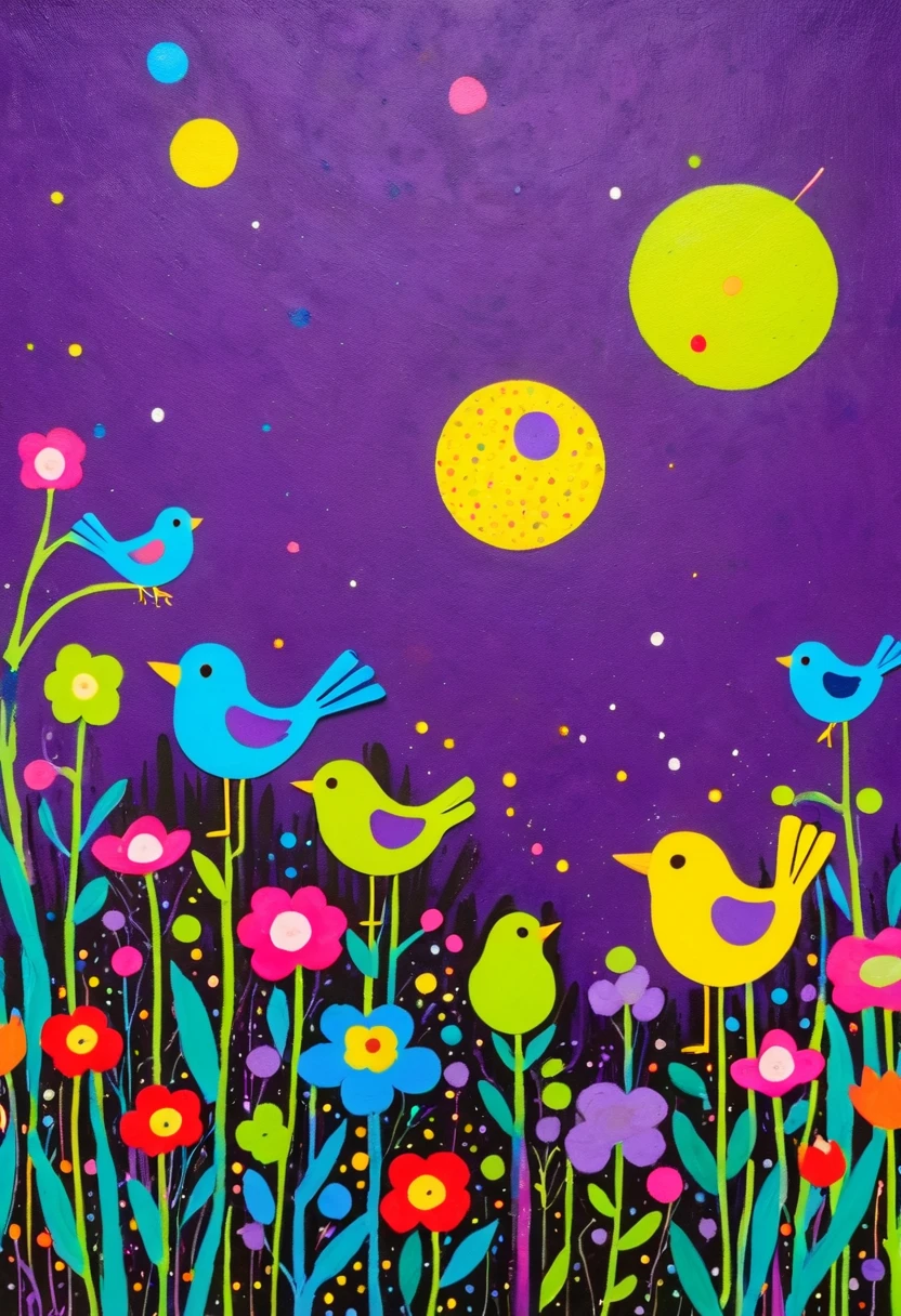 A painting,Inspired by Yayoi Kusama:(((Colorful black,Chalk painting,Oil stick painting,Volume,Thick coating,Uneven texture,Plaster texture,Graffiti,Dot)))。Colorful black,((Lime and Violet,Fluffy birds)), Bright colors, Purple和, cute的, Bright colors,cute, Lavender Color and Color Schemes, 和Purple的配色方案, Beautiful Art, Purple, Whimsical Art, 和Purple色调, Close together,, spring, Inspired by Tomokazu Matsuyama, Delightful