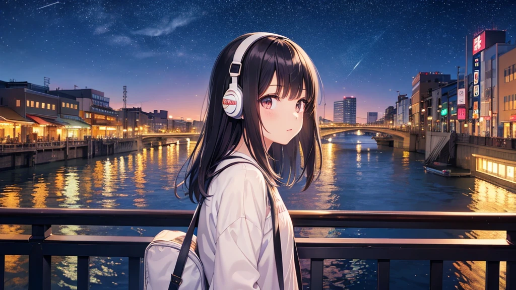 Traveling across Dotonbori Bridge in Osaka。A young girl with black hair wearing stylish clothes and headphones labeled "lo-fi" The girl is shown in profile, gazing into the distance with a calm, relaxed expression Background depicts the iconic scenery of Namba, Osaka at night, without any text on signs A starry night sky adding to the peaceful atmosphere Overall mood is quiet and serene, perfect for lo-fi music Detailed hair rendering and careful attention to the girl's fashionable outfit The entire scene should evoke a relaxing, introspective feeling ociated with lo-fi music