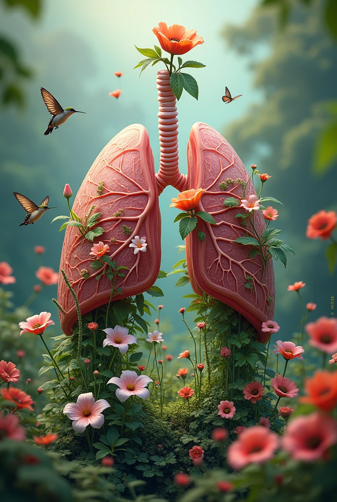 Hello, I would like you to help me create an image of a human lung filled with flowers and leaves of beautiful plants such as lilies and poppies.. Around this lung fly hummingbirds and butterflies.
