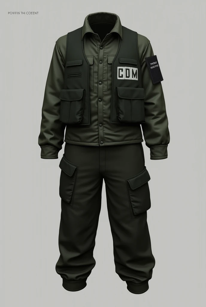 uniform of a CDM faction in a post-apocalyptic world with a vest on the side that says CDM in white, the outfit is understated with a disguised dark green and black