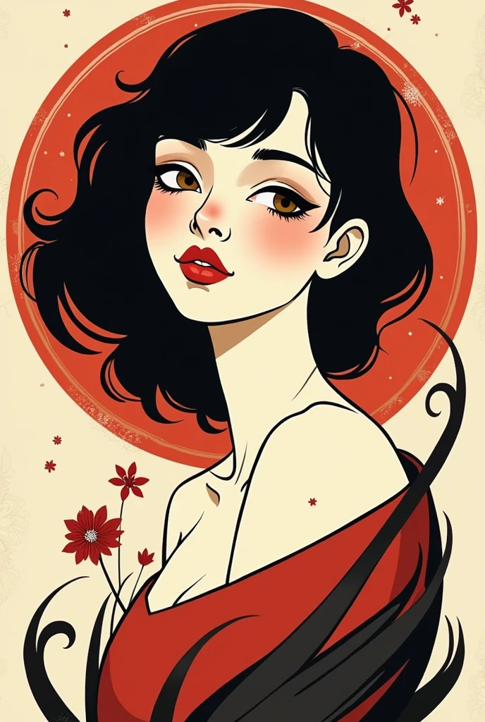 (masterpiece, best quality:1.2), 1 girl, alone,beautiful face,Red Reminimalist Art Nouveau,Illustration style,black and red