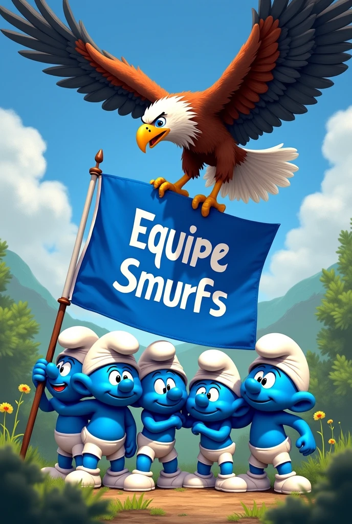 Equip the Smurfs with a blue flag written "Smurfs Team" in Portuguese and a harpy eagle holding the flag 