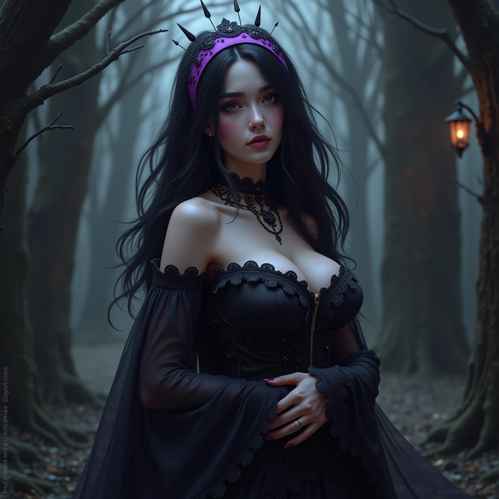 Hex Maniac, Gothic, Gothic dress, long black hair, purple hair band, large chest, realistic
