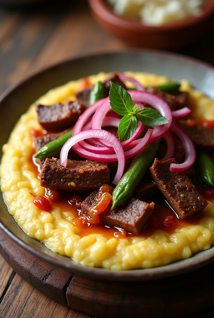 Presentations of a dish of canjiquinha with oxtail, with pickled red onion and okra