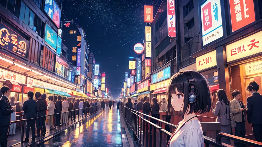 Traveling across Dotonbori Bridge in Osaka。A young girl with black hair wearing stylish clothes and headphones labeled "lo-fi" The girl is shown in profile, gazing into the distance with a calm, relaxed expression Background depicts the iconic scenery of Namba, Osaka at night, without any text on signs A starry night sky adding to the peaceful atmosphere Overall mood is quiet and serene, perfect for lo-fi music Detailed hair rendering and careful attention to the girl's fashionable outfit The entire scene should evoke a relaxing, introspective feeling associated with lo-fi music
