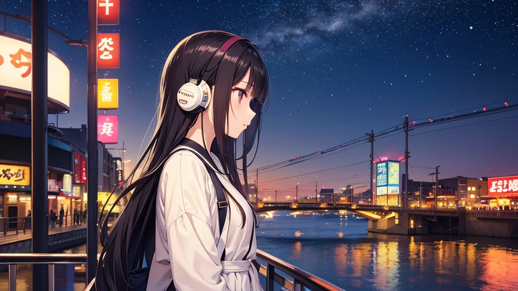 Traveling across Dotonbori Bridge in Osaka。A young girl with black hair wearing stylish clothes and headphones labeled "lo-fi" The girl is shown in profile, gazing into the distance with a calm, relaxed expression Background depicts the iconic scenery of Namba, Osaka at night, without any text on signs A starry night sky adding to the peaceful atmosphere Overall mood is quiet and serene, perfect for lo-fi music Detailed hair rendering and careful attention to the girl's fashionable outfit The entire scene should evoke a relaxing, introspective feeling associated with lo-fi music