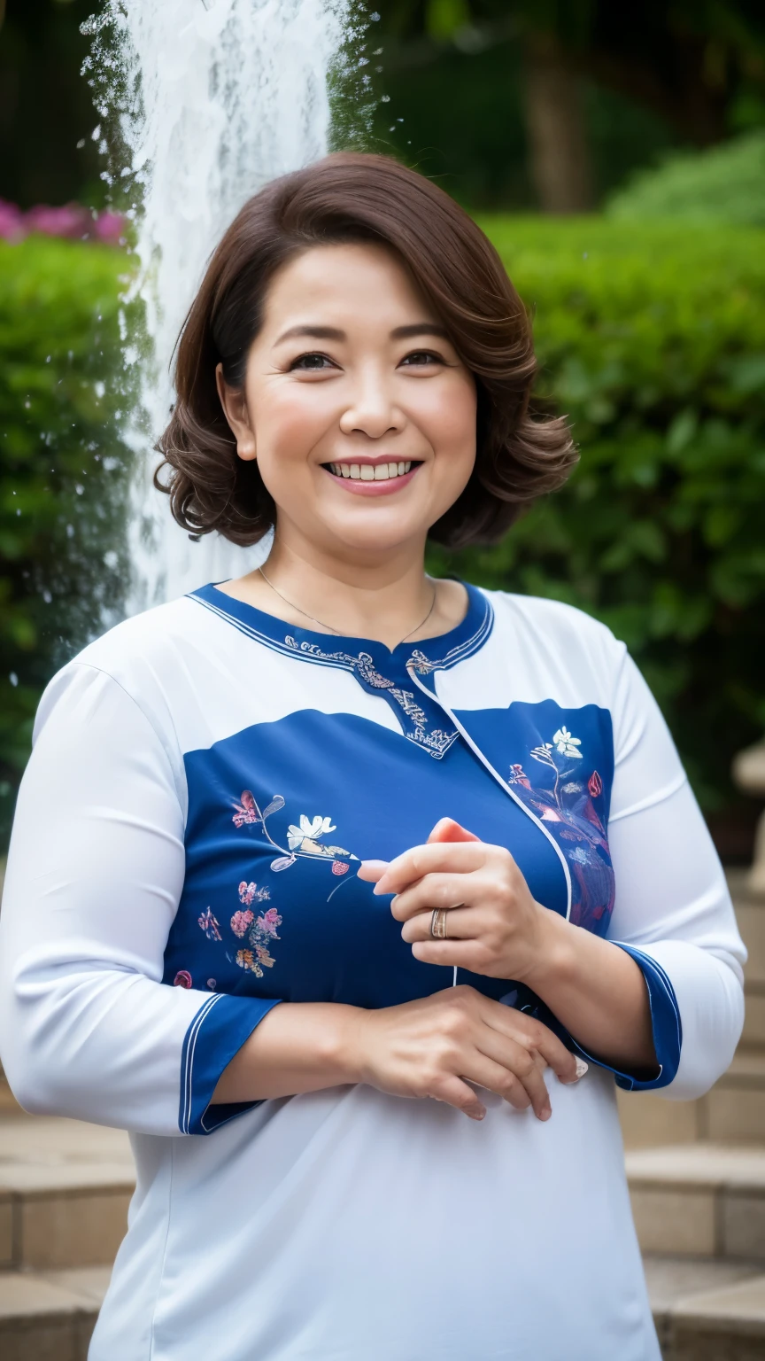 最high quality, In 8K, whole body, Real, Upper Body, high quality, High resolution, Detailed face, Detailed eyes, Thick lips, (Look at the viewers), alone, Middle-aged women, , 60 years old, , Wavy Hair, , Wearing short sleeves, Standing in front of a fountain, Wrinkles around the eyes, Smiling with teeth showing, Background Blur