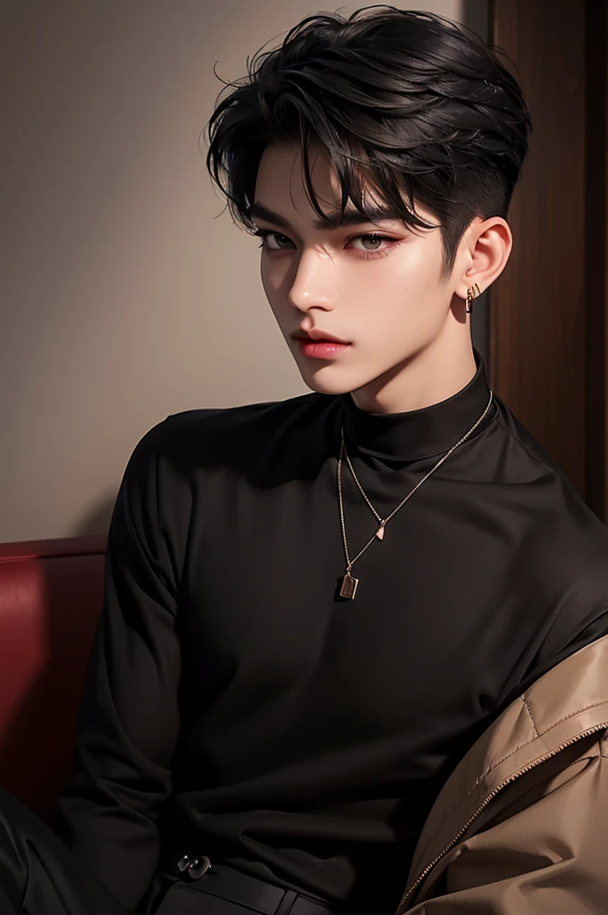 Thai men, face structure is not too small, long eyelashes, short hair, black hair, light pink lipstick, velvet lipstick texture, equal eyes, high nose, wearing a black necklace, black earrings, wearing a brown shirt, wearing brown pants.