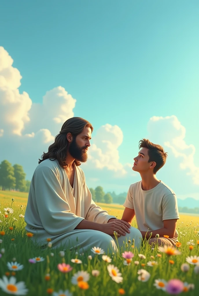 A 25 year old young man sitting next to Jesus in a field of green grass, flowers, the perfect sky 