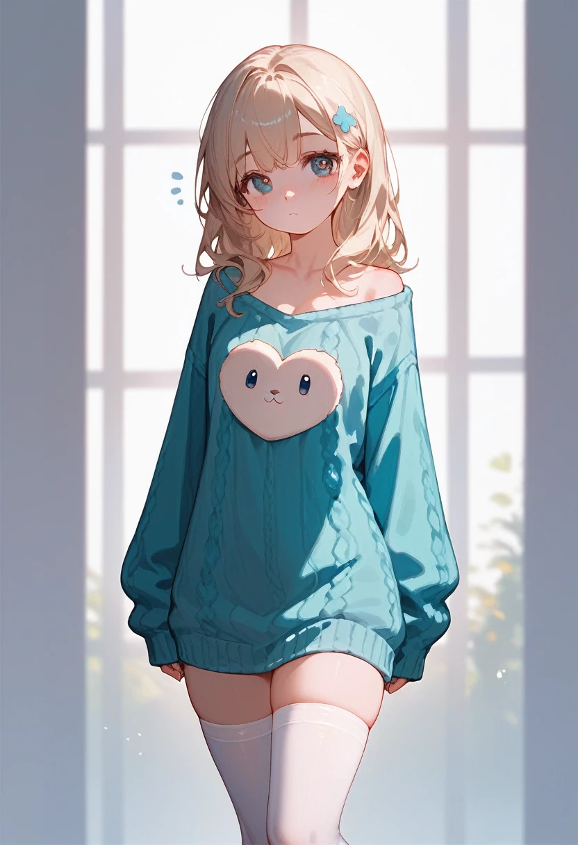 score_9_up, score_8_up, score_7_up, 1 girl, , teenager, (beautiful), cute face, beautiful face, sleepy, blushed, wholesome, white high cotton stockings, oversized sweater, in full height, medium thighs, high, love, (beautiful), (masterpiece), very aesthetic, best quality, expressive eyes, perfect face