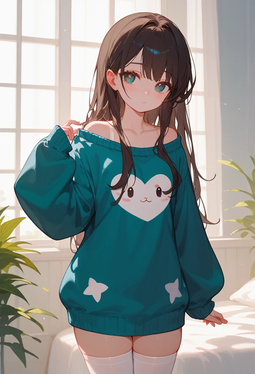 score_9_up, score_8_up, score_7_up, 1 girl, , ager, (beautiful), cute face, beautiful face, sleepy, blushed, wholesome, white high cotton stockings, oversized sweater, in full height, medium thighs, high, love, (beautiful), (masterpiece), very aesthetic, best quality, expressive eyes, perfect face