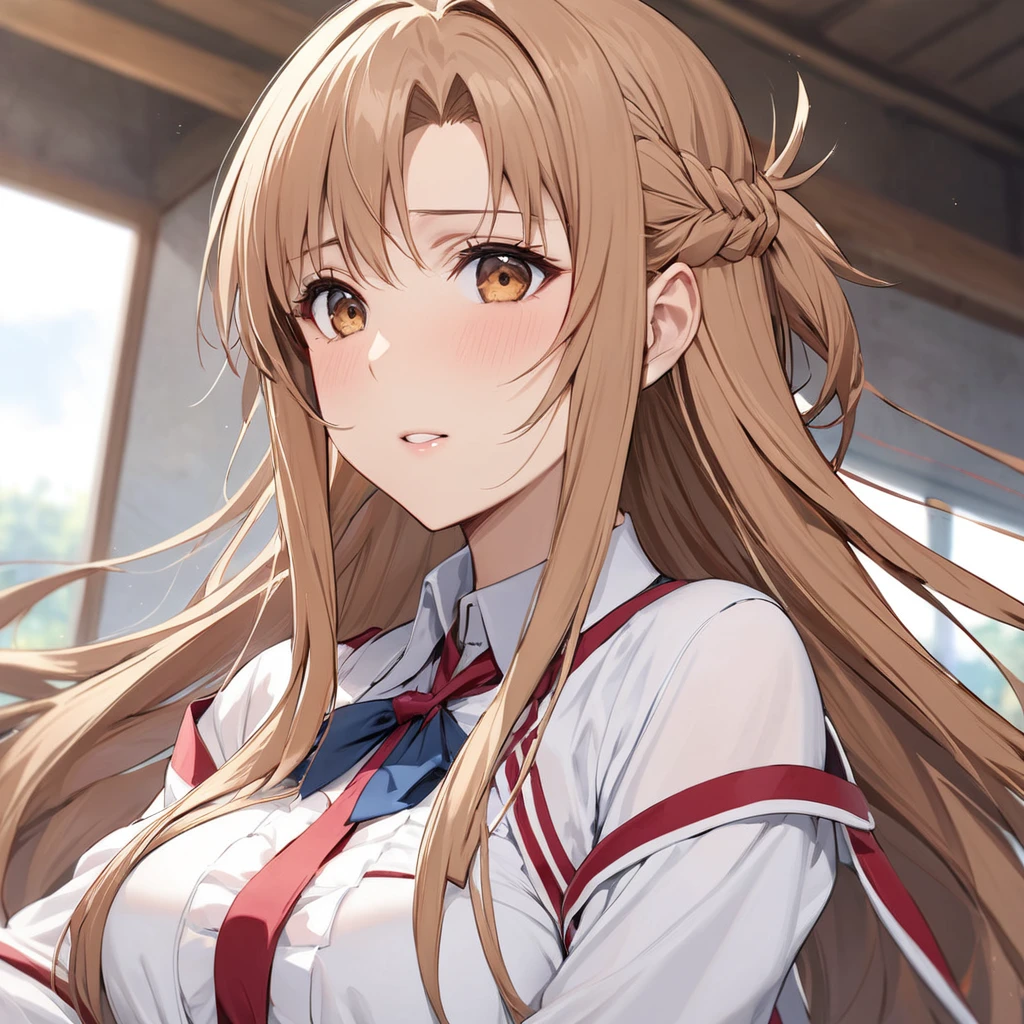 ((Highest quality)), ((masterpiece)), (detailed), （Perfect Face）、The woman is Yuuki Asuna, with light brown, semi-long hair.、in、visitor、女はvisitor、visitorの制服を着ている