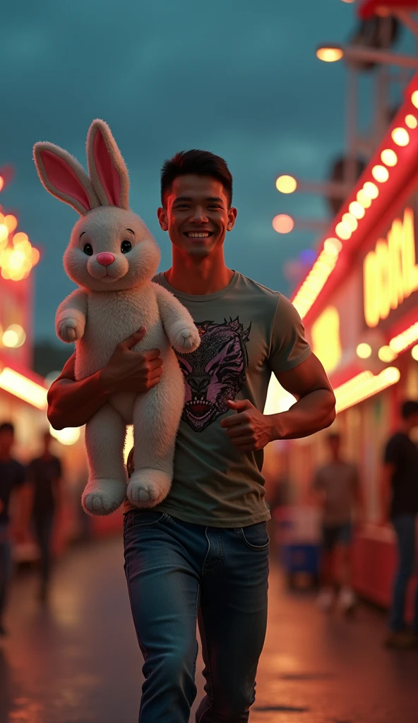 photorealistic, best quality, masterpiece, extremely detailed, sexy, homoerotic, extremely handsome, youthful, 25 year old muscular bruneian man, ((muscular bodybuilder)), ((massive thighs)), fitted graphic print tshirt, tight jeans, big smile, happy, holding out a stuffed rabbit toy with big floppy ears towards camera, running towards the camera, at funfair carnival, at midnight, cinematic lighting, extremely romantic atmosphere, perfect face, perfect fingers, perfect hands, perfection